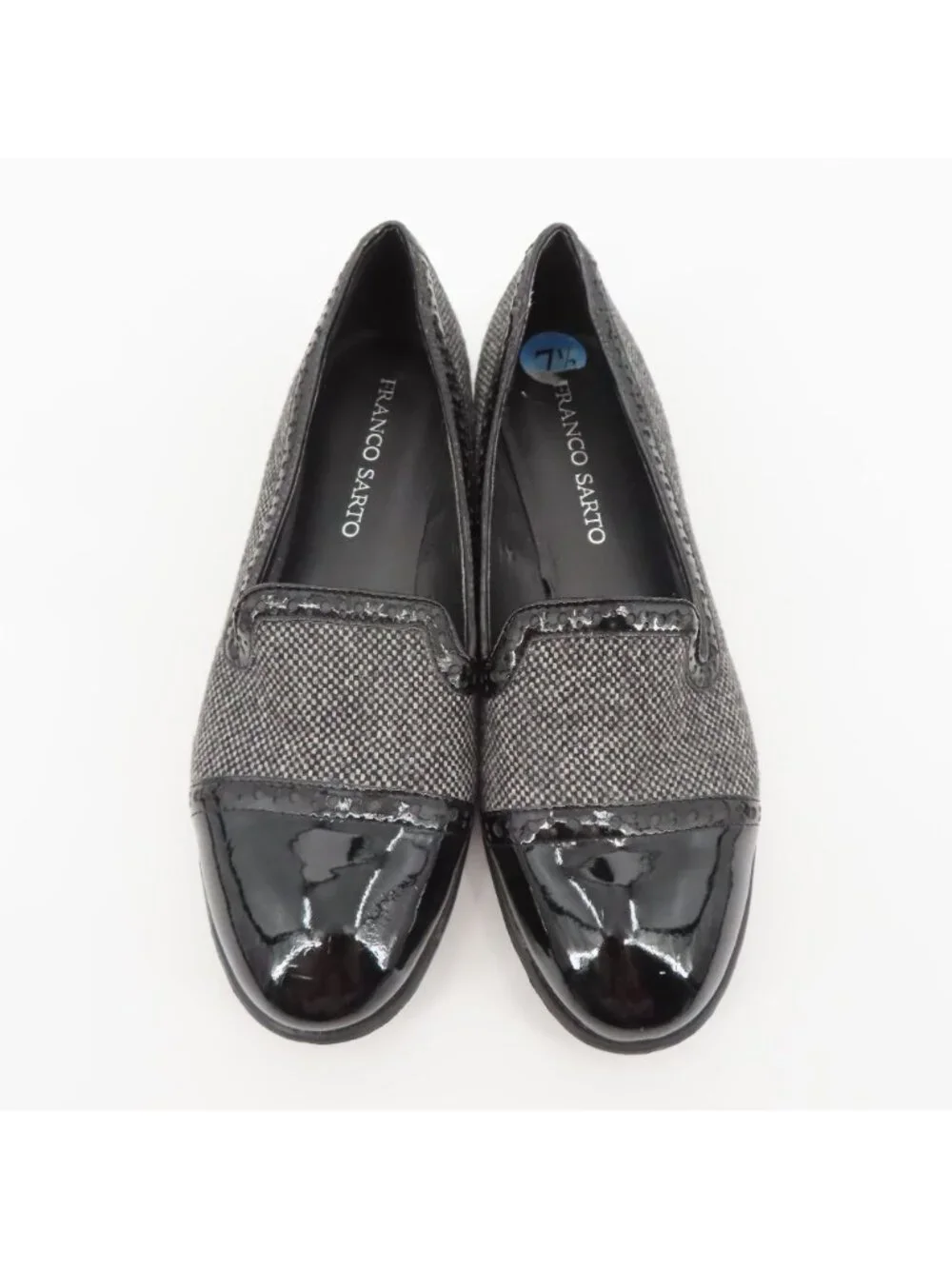 Franco Sarto Women 7.5 M TROLLEY Shiny Black Tweed Slip On Loafers Shoes Flats